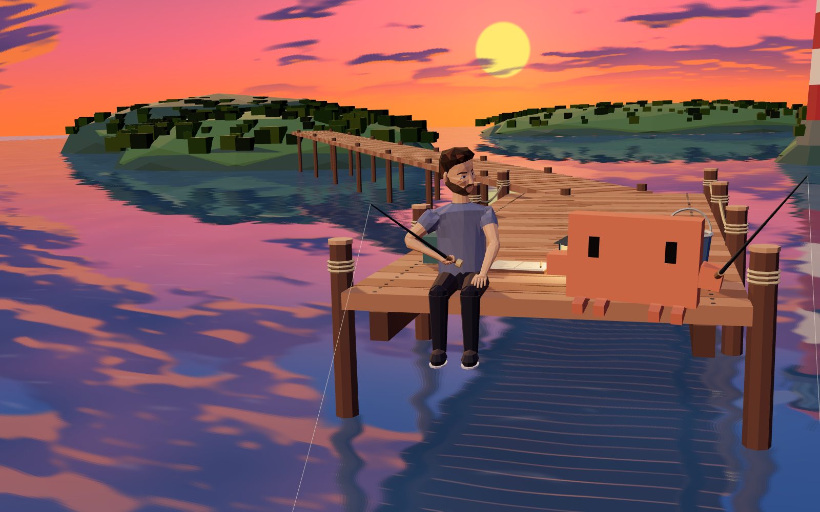 Dan and Claude, a small orange block, fishing from a wooden pier at sunset, beside a lighthouse.